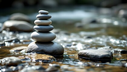 zen, stones, tall, stack, smooth, uneven, textures, rocky, edge, flowing, stream, water, ripples, reflections, sunlight, natural, gentle, base, serene, tranquil, harmony, peaceful, meditative, nature,