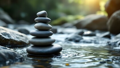 zen, stones, tall, stack, smooth, uneven, textures, rocky, edge, flowing, stream, water, ripples, reflections, sunlight, natural, gentle, base, serene, tranquil, harmony, peaceful, meditative, nature,
