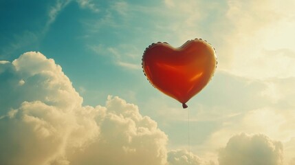 Fototapeta premium Red Heart Shaped Balloon Against Cloudy Sky with Sunlight Romantic Atmosphere