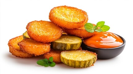 Fried Potato Slices with Pickles and Ketchup on White Isolated Background. Generative AI