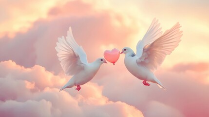 Two White Doves Holding a Pink Heart Balloon Flying in Soft Pink Clouds