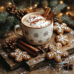 Cozy Winter Scene with Hot Cocoa and Gingerbread Cookies in Watercolor Style