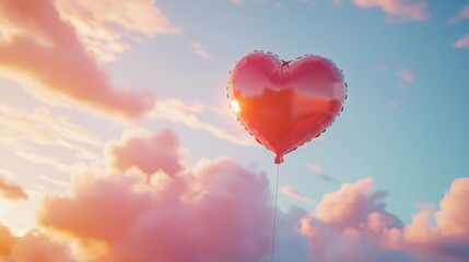 Fototapeta premium Heart Shaped Balloon Floating in a Sky at Sunset with Pink Clouds Symbolizing Love and Celebration