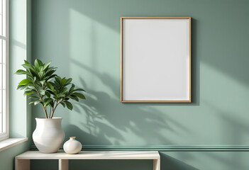 A photo frame on a clean wall with a matte green finish and a plant adding a stylish touch to the room
