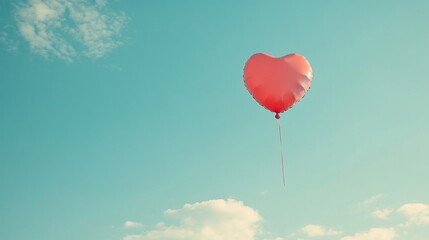 Obraz premium Heart Shaped Red Balloon Floating Gracefully in a Serene Blue Sky with White Clouds