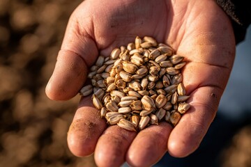 Seeds held in hand in field for planting and farming against blurred landscape