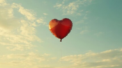 Fototapeta premium Red Heart Shaped Balloon Floating against a Serene Cloudy Sky for Valentines Day Celebration with Warm Tone