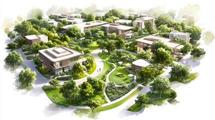 Green sustainable urban neighborhood with modern architecture and green spaces. Generative AI