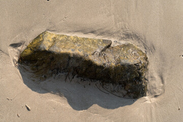 Water flows into a rocky puddle, creating an abstract texture on the sandy shore