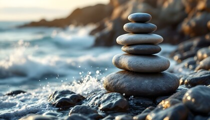 zen, stones, tall, stack, rugged, varied, textures, rocky, cliff, ocean, waves, crashing, sea, spray, misting, sunlight, goldenhour, clouds, background, ultra, highresolution, serene, tranquil,