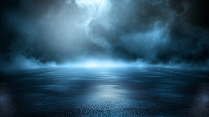 Fototapeta premium Mysterious dark blue foggy street at night with wet asphalt reflections and atmospheric mist. Empty urban road with moody lighting, perfect for product display, studio presentations, and text overlays