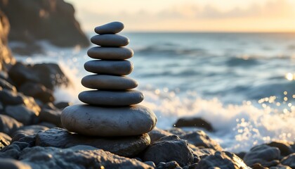 zen, stones, tall, stack, rugged, varied, textures, rocky, cliff, ocean, waves, crashing, sea, spray, misting, sunlight, goldenhour, clouds, background, ultra, highresolution, serene, tranquil,