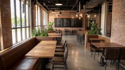 Modern Open Office Cafe Area with Brick Walls and Natural Lighting