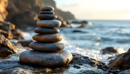 zen, stones, tall, stack, rugged, varied, textures, rocky, cliff, ocean, waves, crashing, sea, spray, misting, sunlight, goldenhour, clouds, background, ultra, highresolution, serene, tranquil,