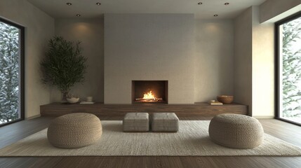 Cozy Lounge with Thick Carpeting and Modern Fireplace Design