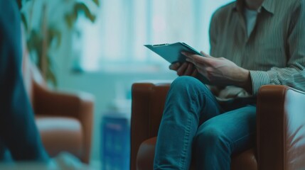 A clinical psychologist conducting therapy sessions with patients in a therapy office, with therapeutic tools and supportive environment, Therapy session scene