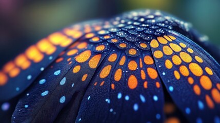 Fototapeta premium Close-up of vibrant, patterned butterfly wing, dew drops, blurred background