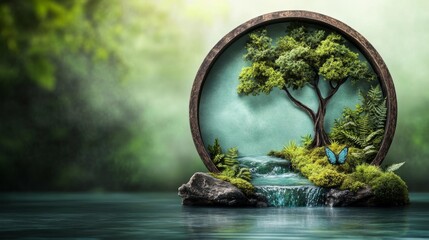 Fototapeta premium Lush Green Forest Waterfall with Vibrant Butterfly and Fresh Flora. Generative AI