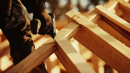 A close-up of a carpenter using a nail gun to frame a wooden structure at a construction site, Carpentry scene, Woodworking mastery style