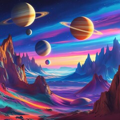 A vibrant colorful alien planet in the dark night sky . 3D Render of the Solar System with Stars and Galactic Background