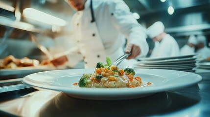 A close-up of a chef in a busy restaurant kitchen, focused on preparing a gourmet dish, Restaurant kitchen scene