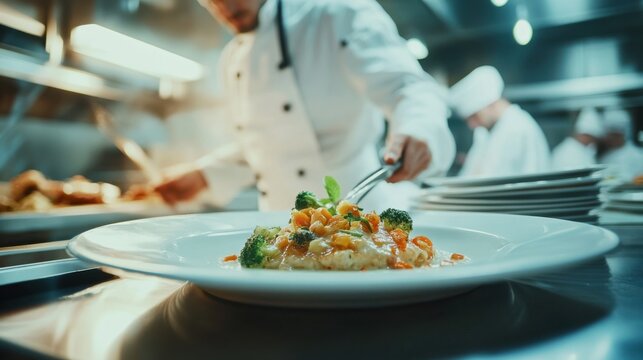 A close-up of a chef in a busy restaurant kitchen, focused on preparing a gourmet dish, Restaurant kitchen scene