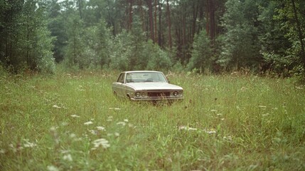 Obraz premium Abandoned car in a field, forest background