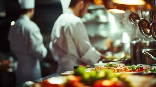 A close-up of a chef in a busy restaurant kitchen, focused on preparing a gourmet dish, Restaurant kitchen scene