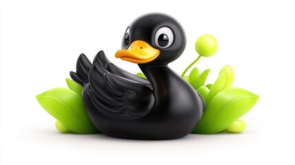 Black Duck Figurine Surrounded by Bright Green Leaves on a White Isolated Background. Generative AI