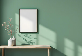 A photo frame on a clean wall with a matte green finish and a plant enhancing the room’s stylish decor