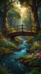 Obraz premium storybook style forest filled with hidden animals, blooming trees, and a small wooden bridge over a stream generated ai