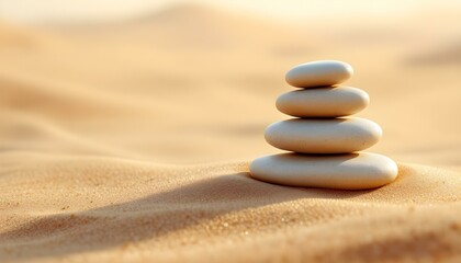 zen, stones, asymmetrical, stack, smooth, rounded, surfaces, sand, dune, golden, fine, grains, covered, sunlight, diffused, soft, desert, horizon, hazy, photorealistic, detail, serene, tranquil,
