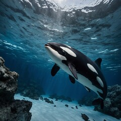 Obraz premium A baby orca curiously exploring an icy underwater cave.