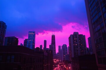 Obraz premium Cityscape view of Chicago skyline at dusk with colorful clouds for travel advertising