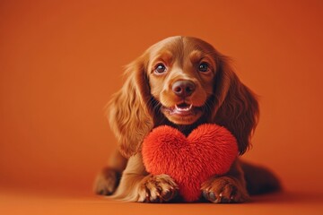 Irish setter - my treasured dog. Marketing visual idea. Cute irish setter pup with fluffy red heart - emblem of love, funny greeting card. Pet valentine's day ideas. Love and furry friends.