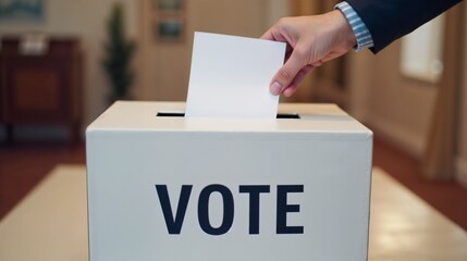Voting activity taking place inside a polling station showcasing a hand inserting a ballot into a vote box during an election