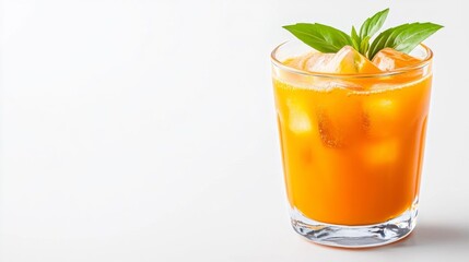 Refreshing Orange Drink with Ice and Basil on White Isolated Background. Generative AI