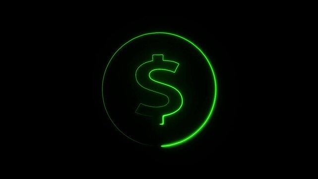 Glowing neon Doller icon whit rectangle animation circle on black background. Neon glowing dollar symbol concept.