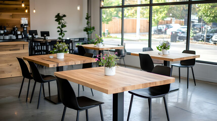 Modern cafe interior, tables, chairs, street view