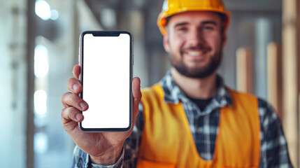Phone mockup. Construction worker in an orange helmet and vest holds a phone with a white screen in his hand against the background of the construction site. Job for an engineer, contractor, worker