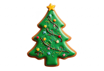 Delightful Christmas Gingerbread Tree Cookie Artwork on Transparent Background. A decorated gingerbread cookie shaped like a Christmas tree.