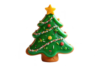 Delightful Festive Gingerbread Cookies: Sparkling Christmas Tree Treats Against Blurred Background. A close up of a decorated Christmas tree cookie.