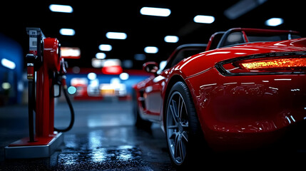Red convertible at gas station