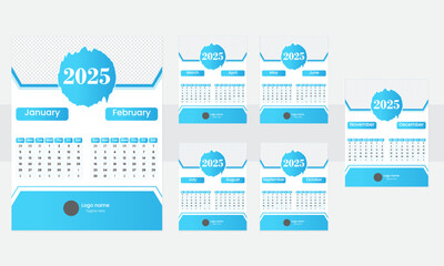 Modern desk calendar template design with geometric shape blue color shape of 2025