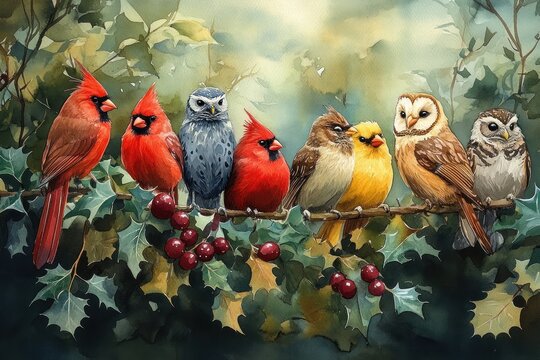 Red Cardinal and Owl Birds on Holly Branches Watercolor Illustration for Christmas and Holiday Decor - Powered by Adobe
