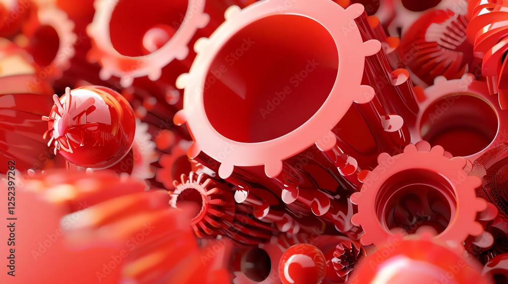 Poster abstract 3d render of red gears and orbs.