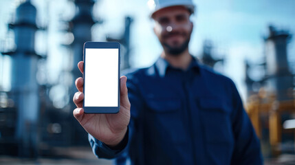 An engineer in a blue work uniform and a white construction helmet holds a phone with an empty white screen while standing against the background of an industrial plant. Phone mockup