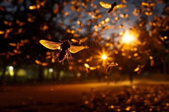 Moths fly around the street lamp in the dark. Night life, background pattern