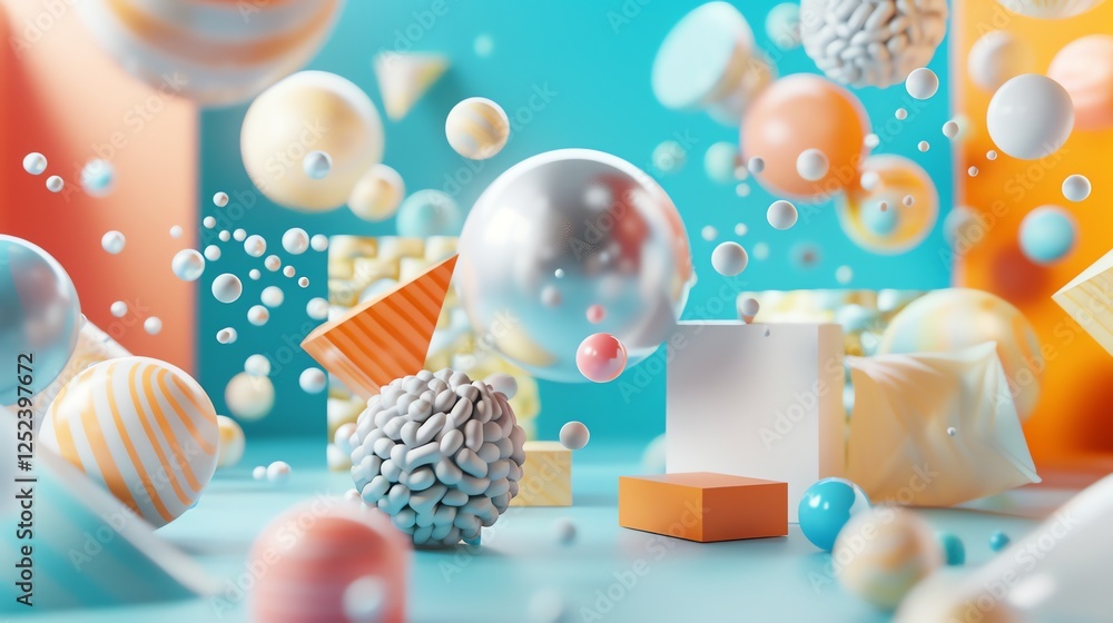 Poster abstract 3d render of colorful geometric shapes and spheres.