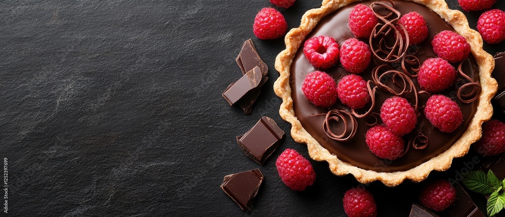 Poster chocolate and raspberry tart with glossy finish on a white plate and decorative elements around it